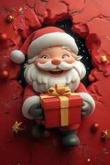 3D cartoon-style illustration, with a cute smiling Santa Claus peeking out from a hole in a red wall, holding a present box