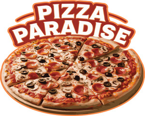 A logo for a pizza shop with a large, juicy pizza with a golden crust and a variety of toppings