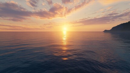 Obraz premium Nature's Canvas: Breathtaking Coastal Sunset Panorama with Gold and Orange Hues Reflecting in Deep Blue Ocean Waters