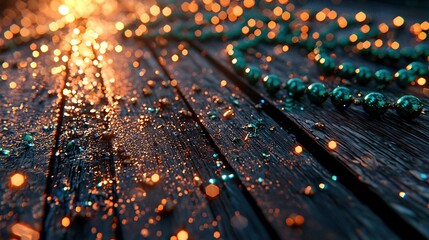 Glittering beads on wet wooden planks at sunset with bokeh.
