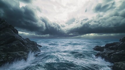 Fototapeta premium Nature's Wrath Unleashed: Dramatic Stormy Ocean Scene with Waves Crashing Against Rocks