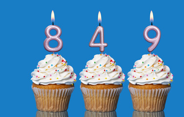 Birthday Cupcakes With Candles Lit Forming The Number 849