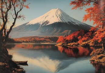 Photo of Mount Fuji in autumn with red leaves, reflecting on the lake at sunrise, a small boat floating nearby, a beautiful landscape. The mountain is covered in snow and surrounded by trees