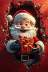 3D cartoon-style illustration, with a cute smiling Santa Claus peeking out from a hole in a red wall, holding a present box