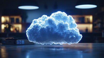 Glowing cloud above package in dark room with shelves.