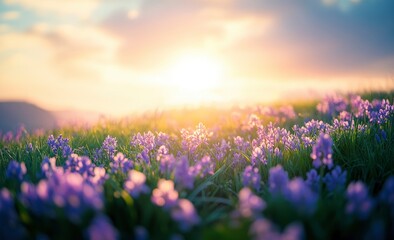 Fototapeta premium Photo of Stokksnes with vast Icelandic mountains and sea, purple hyacinth flowers in the foreground, sunlight rays on blue sky, green meadows near river bank, landscape photography