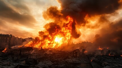 A catastrophic urban fire fills the sky with dark smoke and vibrant flames, portraying the fragility of human structures against the unstoppable force of fire.