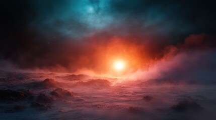 A breathtaking alien landscape is illuminated by a striking sunrise, blending vibrant hues and dark tones, creating a surreal ambiance of beauty and mystery.