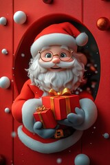 3D cartoon-style illustration, with a cute smiling Santa Claus peeking out from a hole in a red wall, holding a present box