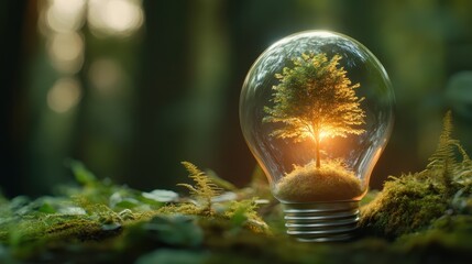 A beautifully crafted light bulb encasing a miniature tree, representing the harmony between technology and nature, illuminated by warm sunlight for a serene atmosphere.