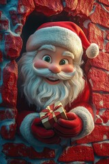 3D cartoon-style illustration, with a cute smiling Santa Claus peeking out from a hole in a red wall, holding a present box