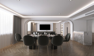 Modern interior design of living and dining room and dark green chairs and dining table decoration and white wall pattern background. 3d rendering 