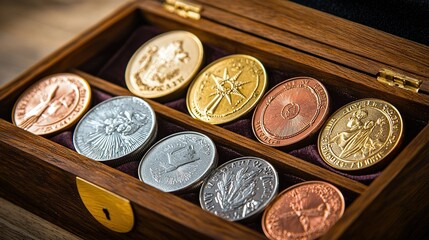 Commemorative coins in wooden box on table.