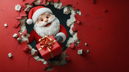 3D cartoon-style illustration, with a cute smiling Santa Claus peeking out from a hole in a red wall, holding a present box