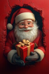 3D cartoon-style illustration, with a cute smiling Santa Claus peeking out from a hole in a red wall, holding a present box