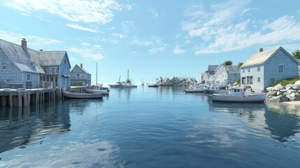 Fototapeta premium Tranquil Coastal Haven - Photorealistic Harbor Scene with Fishing Boats, Shimmering Reflections, and Charming Cottages