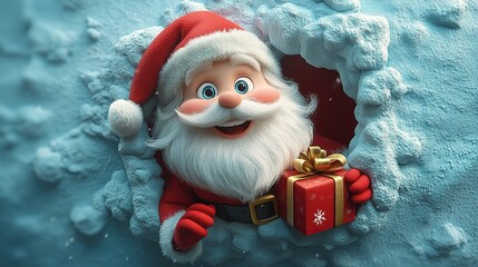 3D cartoon-style illustration, with a cute smiling Santa Claus peeking out from a hole in a red wall, holding a present box