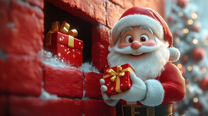 3D cartoon-style illustration, with a cute smiling Santa Claus peeking out from a hole in a red wall, holding a present box