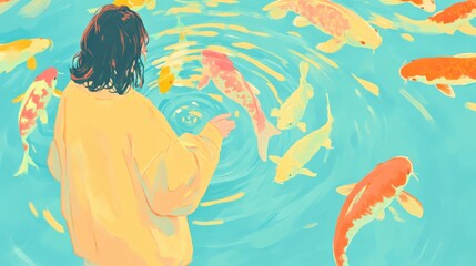 Dreamy pastel scene of a girl and koi fish in a surreal oasis
