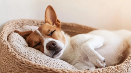 Fototapeta na wymiar A peaceful dog is sleeping soundly in a cozy woven basket, showcasing its serene nature and creating a soothing atmosphere in any environment it adorns.