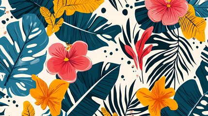 Vibrant Tropical Floral Pattern With Bold Leaves