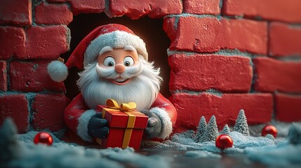3D cartoon-style illustration, with a cute smiling Santa Claus peeking out from a hole in a red wall, holding a present box