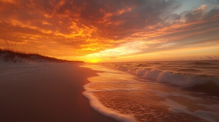 A breathtaking sunset lighting up the tranquil beach, reflecting hues of orange and purple on the gentle waves, encapsulating the calm beauty of nature.