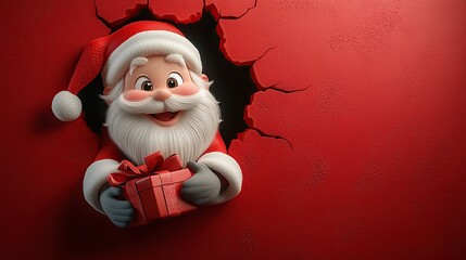 3D cartoon-style illustration, with a cute smiling Santa Claus peeking out from a hole in a red wall, holding a present box