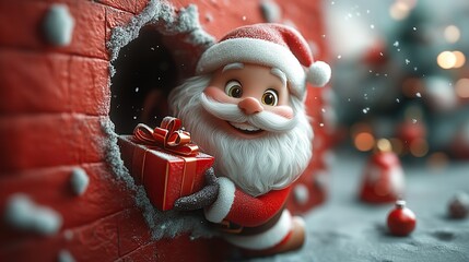 3D cartoon-style illustration, with a cute smiling Santa Claus peeking out from a hole in a red wall, holding a present box
