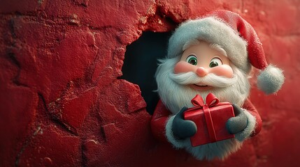 3D cartoon-style illustration, with a cute smiling Santa Claus peeking out from a hole in a red wall, holding a present box