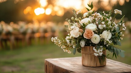 This image showcases a beautifully arranged floral bouquet sitting on a rustic table, set against a warm sunset that casts a romantic ambiance.