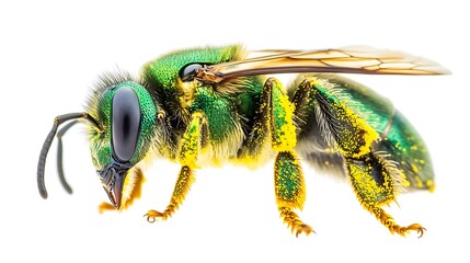 Close-up profile of a vibrant green and gold bee isolated on white.