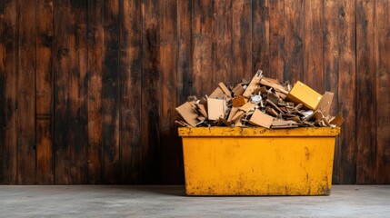 An overflowing yellow dumpster filled with cardboard waste highlights the issue of waste management and environmental concerns in urban settings.
