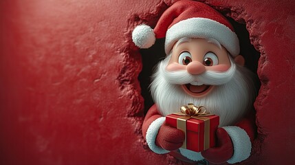 3D cartoon-style illustration, with a cute smiling Santa Claus peeking out from a hole in a red wall, holding a present box