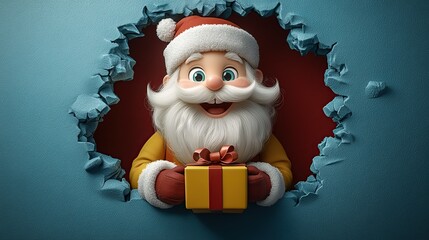 3D cartoon-style illustration, with a cute smiling Santa Claus peeking out from a hole in a red wall, holding a present box