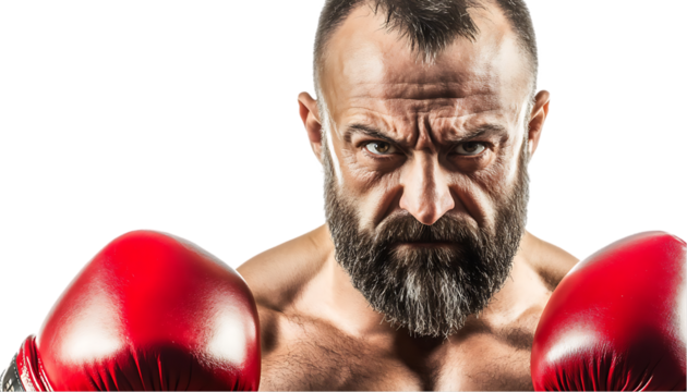 A muscular boxer with a serious expression, ready for a match.