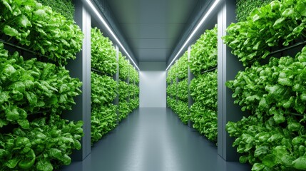 A modern indoor farm showcasing vibrant green plants growing in vertical racks under bright lighting.