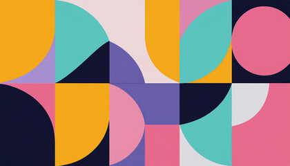 geometric artwork inspired by the 1970s design style. This composition features overlapping circles, triangles, and rectangles in bright colors such as yellow, pink, teal, educational materials