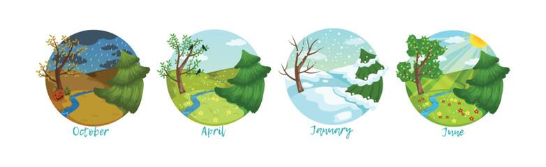 Season Weather Scene and View in Round Vector Set