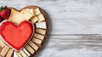 Valentine Food Concept, Gourmet Heart-Shaped Cheese Board with Assorted Cheeses and Crackers Perfect for Romantic Occasions
