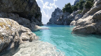 Tranquil Cove Retreat: Serene Turquoise Waters and Smooth Rocks Photorealistic Scene