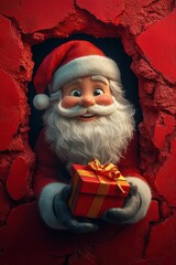 3D cartoon-style illustration, with a cute smiling Santa Claus peeking out from a hole in a red wall, holding a present box