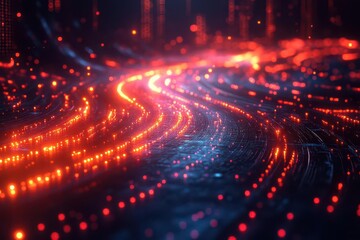 Obraz premium futuristic illustration of an it roadmap capturing the essence of modern technology with networking nodes and big data flowing seamlessly across a digital landscape