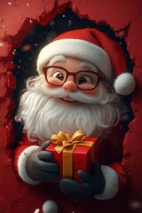3D cartoon-style illustration, with a cute smiling Santa Claus peeking out from a hole in a red wall, holding a present box