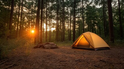 A peaceful scene featuring a bright yellow tent nestled in a tranquil forest as the sun sets, creating a beautiful backdrop of light and nature's calmness.