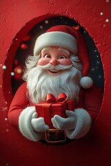 3D cartoon-style illustration, with a cute smiling Santa Claus peeking out from a hole in a red wall, holding a present box
