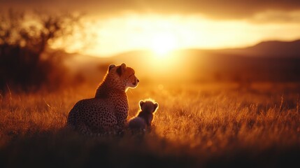 A tender moment captured of a cheetah cub resting beside its mother while watching the sunset, reflecting the bond of love and protection in the wild.