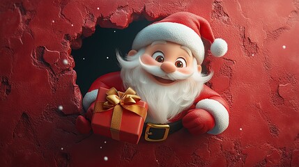 3D cartoon-style illustration, with a cute smiling Santa Claus peeking out from a hole in a red wall, holding a present box