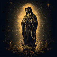 Our lady of guadalupe praying under golden light beams