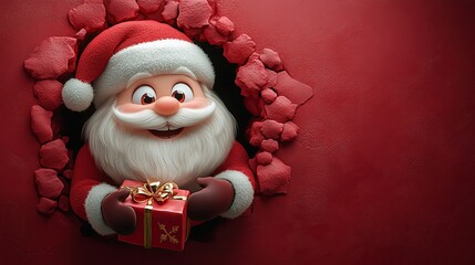 3D cartoon-style illustration, with a cute smiling Santa Claus peeking out from a hole in a red wall, holding a present box